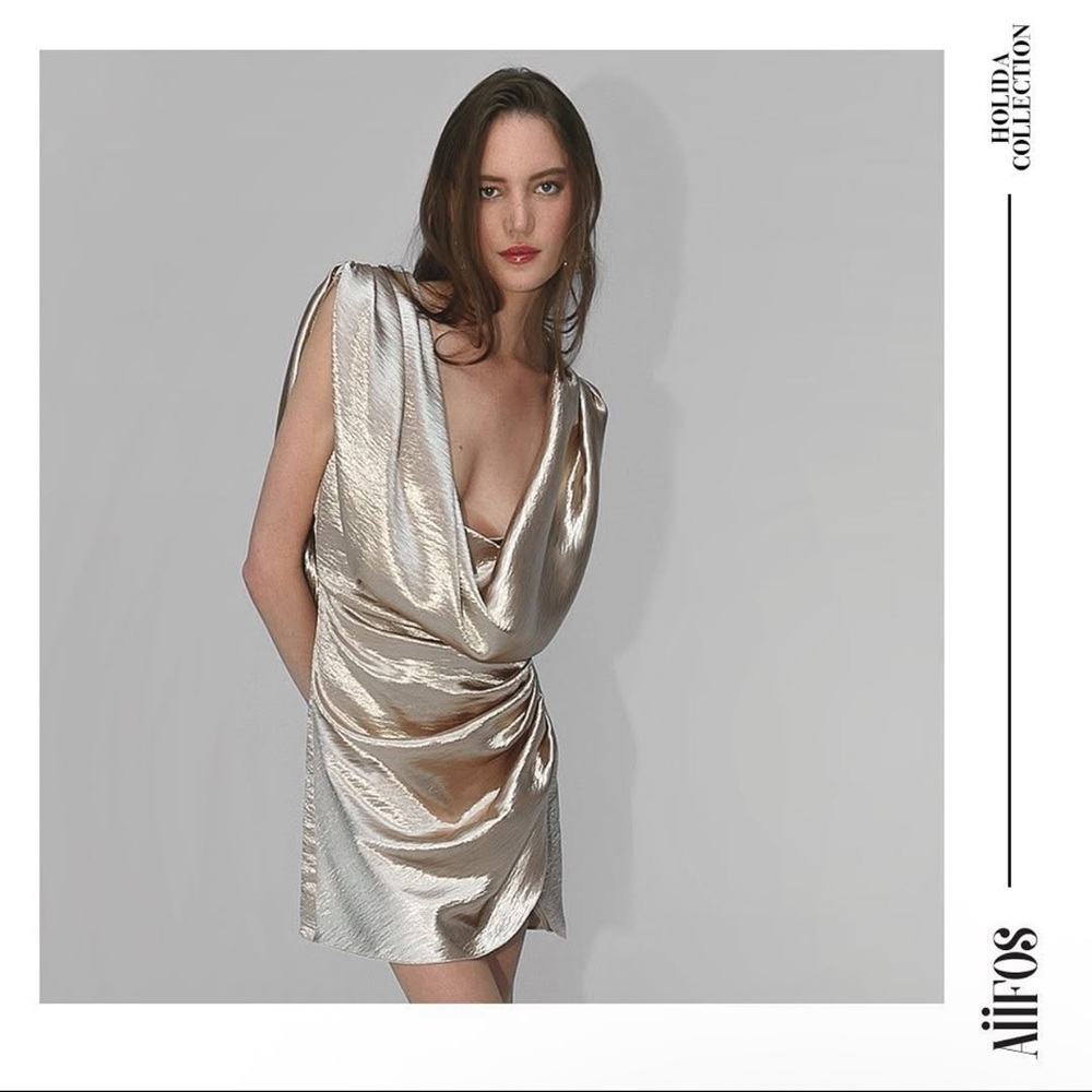 Aiifos SHARON MINI DRESS Metallic Beige Women’s Sz M Party Metallic NWT Elegant
